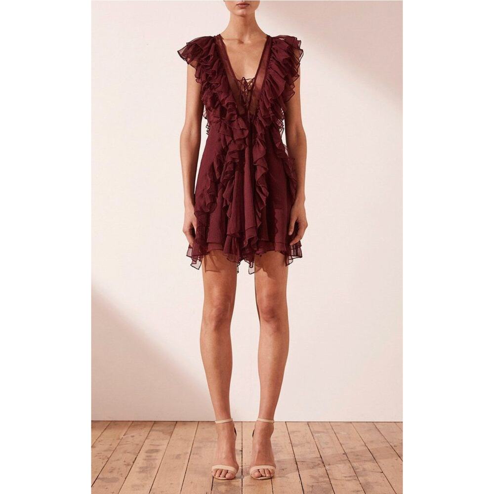 Shona Joy Dress 6 Gabriela Ruffle Mini Burgundy Chiffon Party Chic Cute Coquette